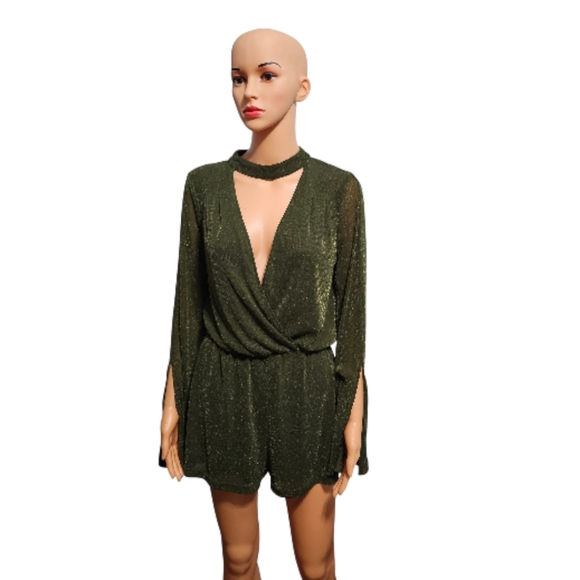 Honey Belle Shimmering Olive Long Sleeve Romper Sz M - Picture 3 of 9